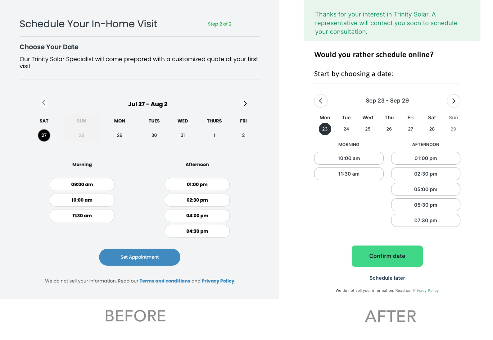 Trinity Solar Lead Gen Form — Screen 3 Before & After